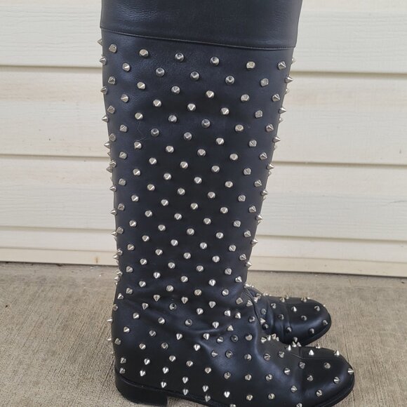 Christian Louboutin Studded Flat Boots Knee Black Shoes MENEBOOT IT 37 US 6.5-7 - Picture 4 of 14